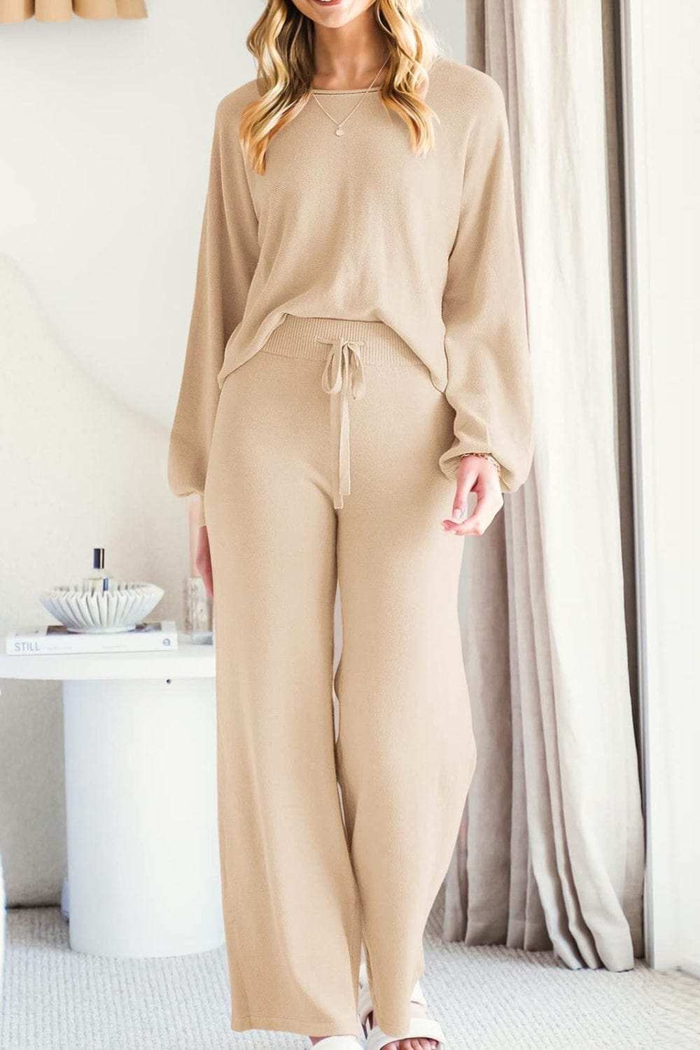 Round Neck Long Sleeve Top and Pants Set - Trendsi - Flyclothing LLC