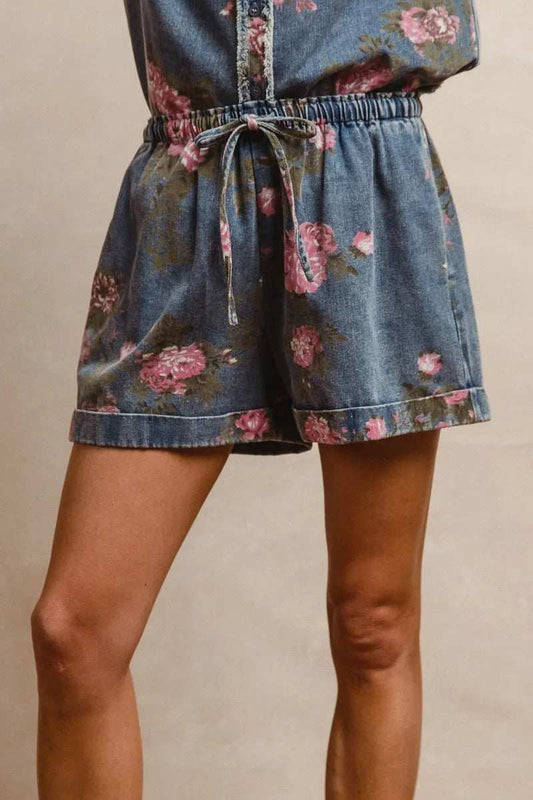 BiBi Floral Printed Denim Short Pants With Pocket - Trendsi - Flyclothing LLC