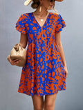 Ruffled Printed V-Neck Short Sleeve Mini Dress - Trendsi - Flyclothing LLC