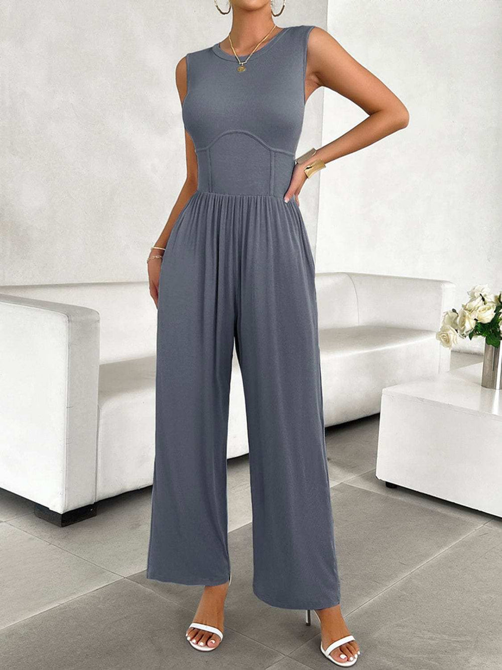 Round Neck Sleeveless Wide Leg Jumpsuit - Trendsi - Flyclothing LLC