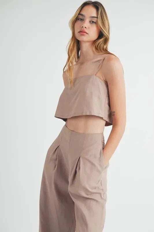 MABLE Linen Mix Crop Cami and Wide Leg Pants Set - Trendsi - Flyclothing LLC