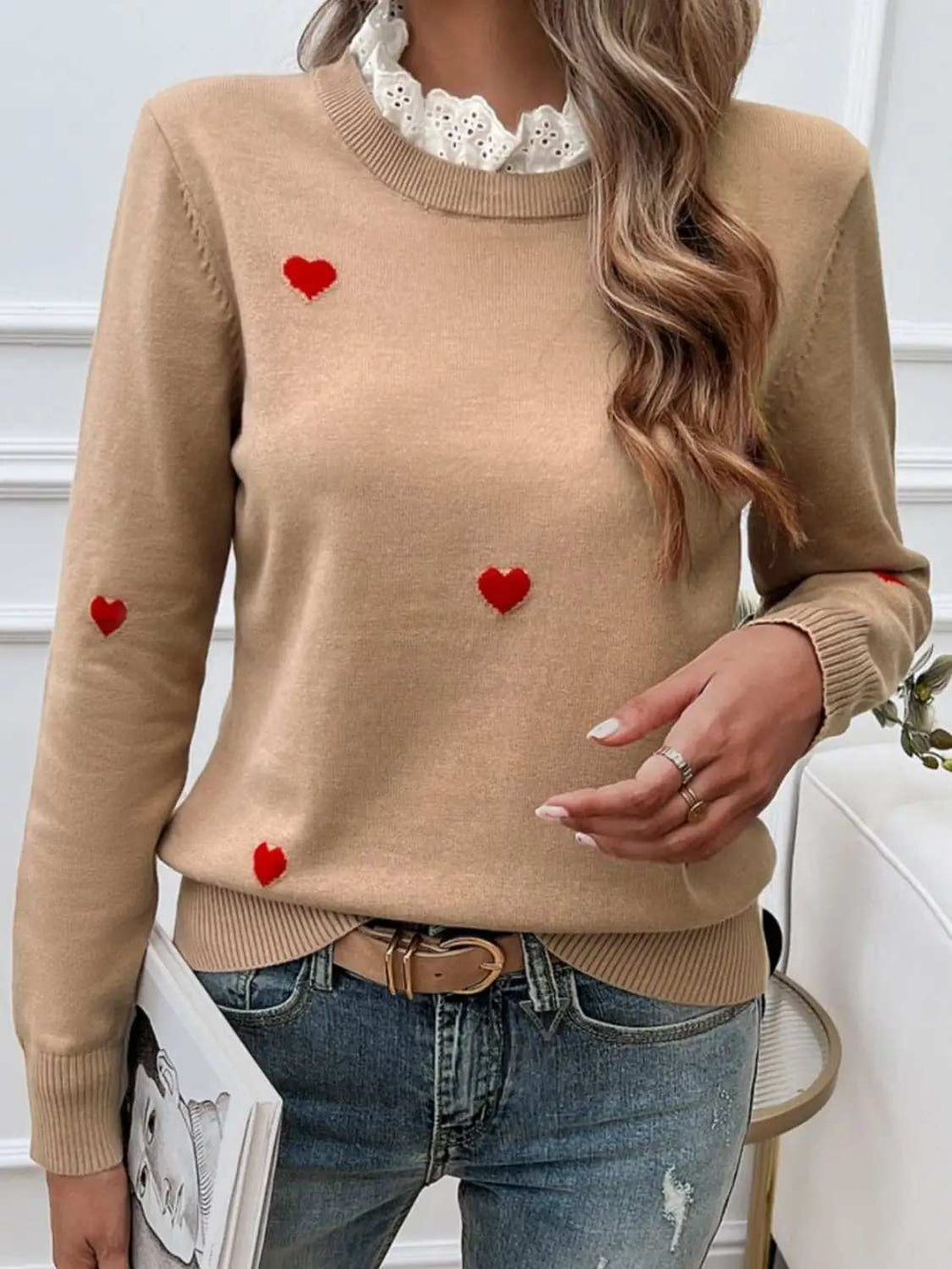 Lace Detail Heart Long Sleeve Sweater - Trendsi - Flyclothing LLC