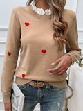 Lace Detail Heart Long Sleeve Sweater - Trendsi - Flyclothing LLC