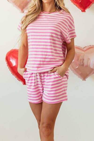 Striped Round Neck T-Shirt and Drawstring Shorts Set - Trendsi - Flyclothing LLC