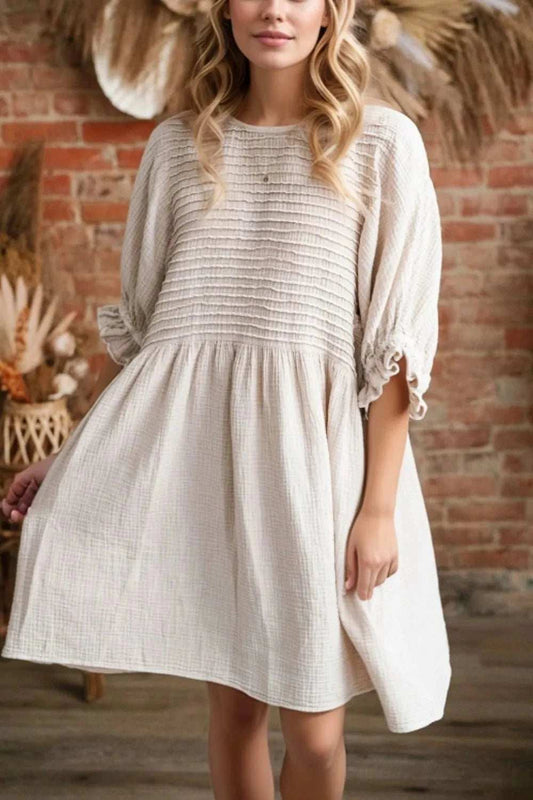 Textured Ruffled Puff Sleeve Loose Dress - Trendsi - Flyclothing LLC