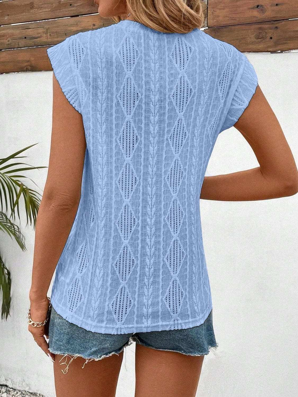 Eyelet Round Neck Cap Sleeve Top - Trendsi - Flyclothing LLC