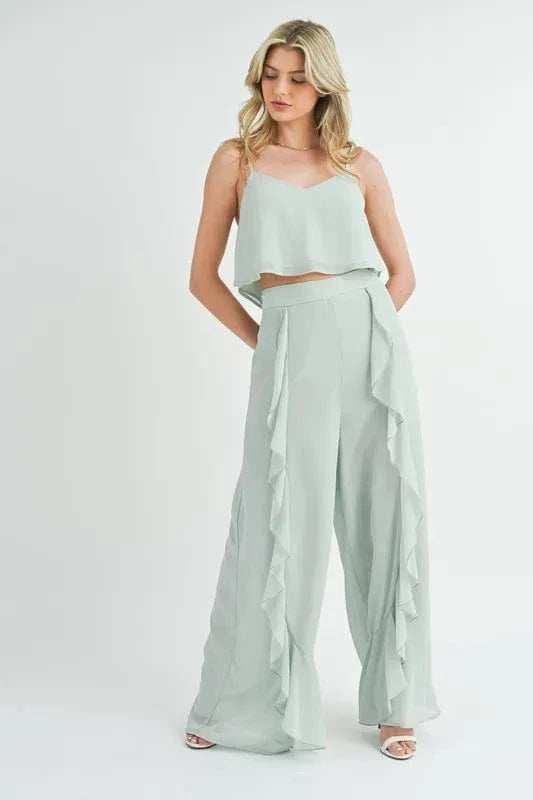 MABLE Crop Cami and Ruffled Wide Leg Pants Set - Trendsi - Flyclothing LLC
