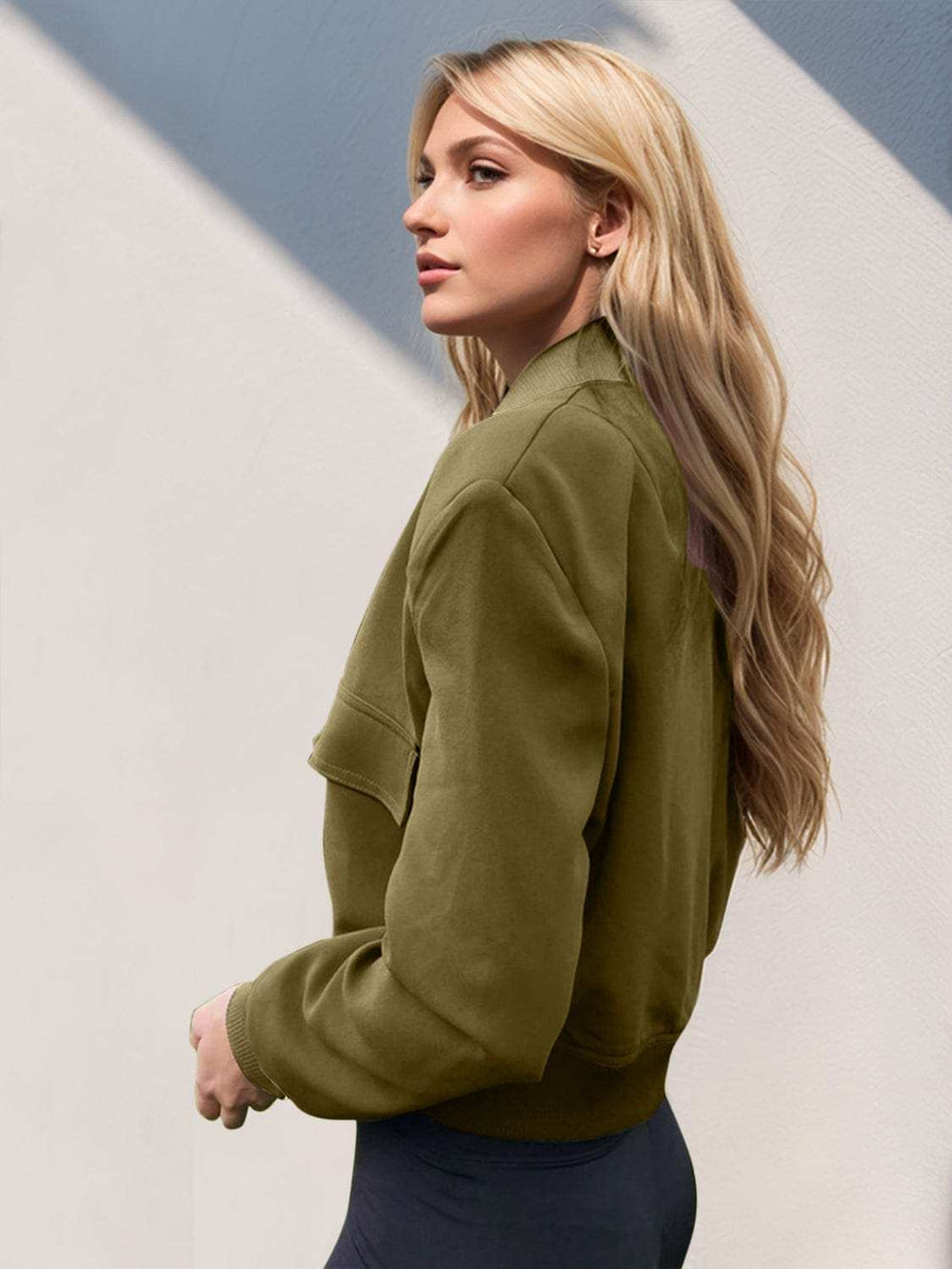 Pocketed Snap Down Baseball Collar Jacket - Trendsi - Flyclothing LLC