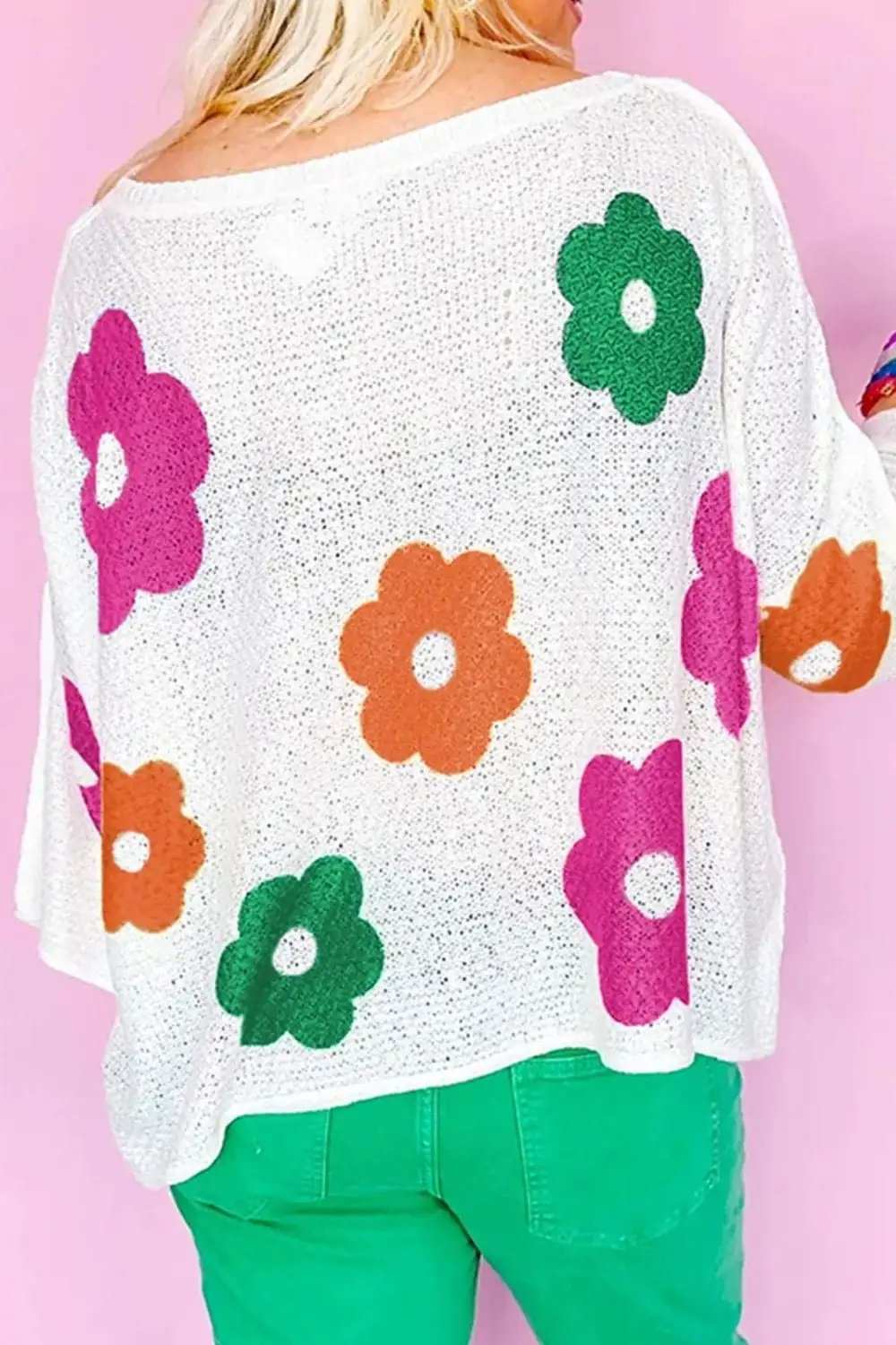 Flower Round Neck Quarter Button Knit Top - Trendsi - Flyclothing LLC