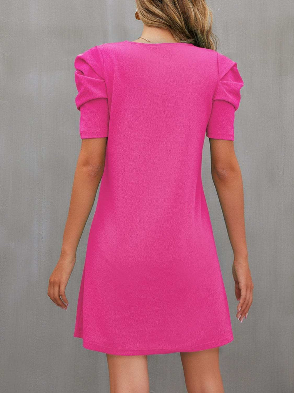 Round Neck Puff Sleeve Mini Dress - Trendsi - Flyclothing LLC