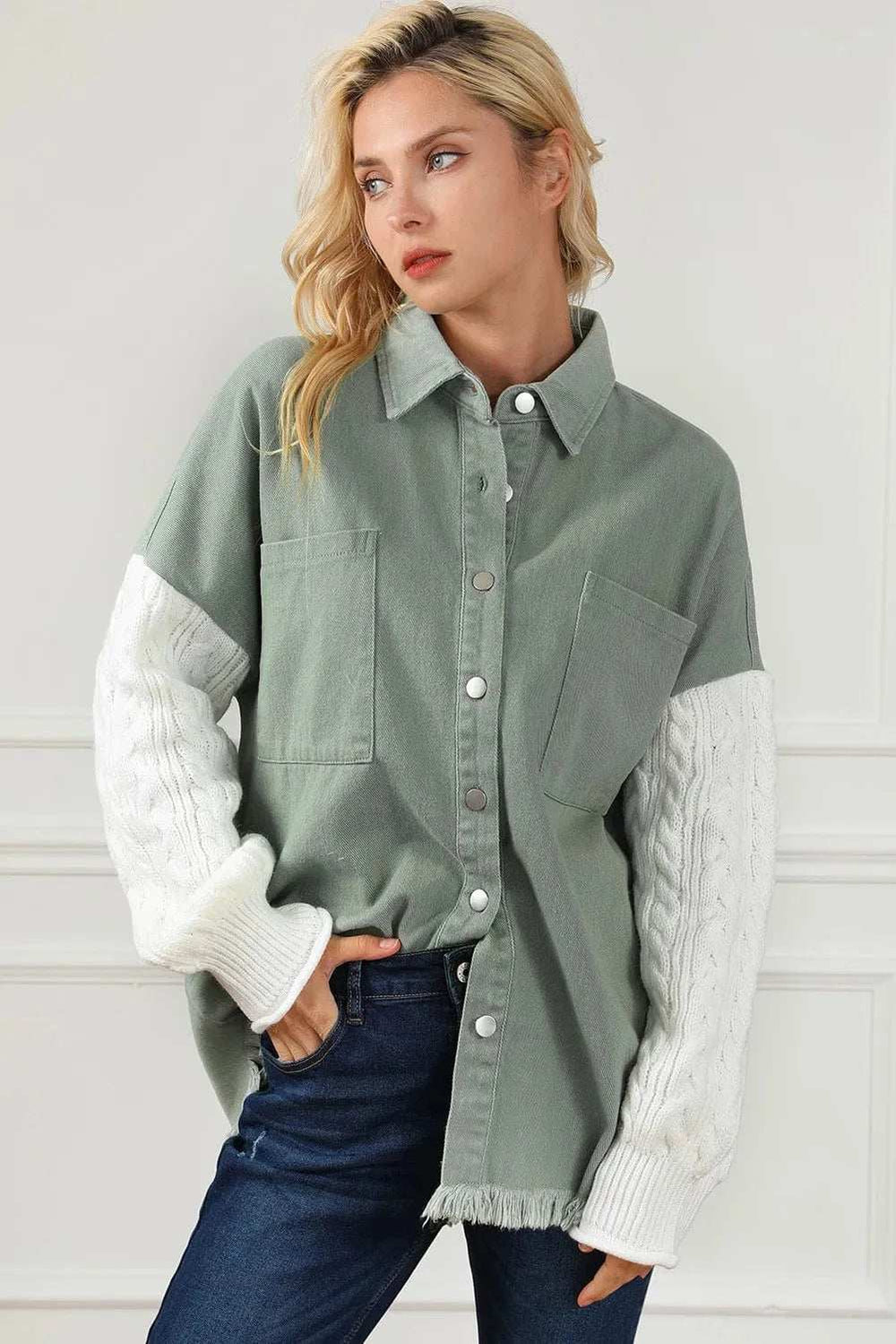 Raw Hem Collared Neck Button Up Long Sleeve Jacket - Trendsi - Flyclothing LLC