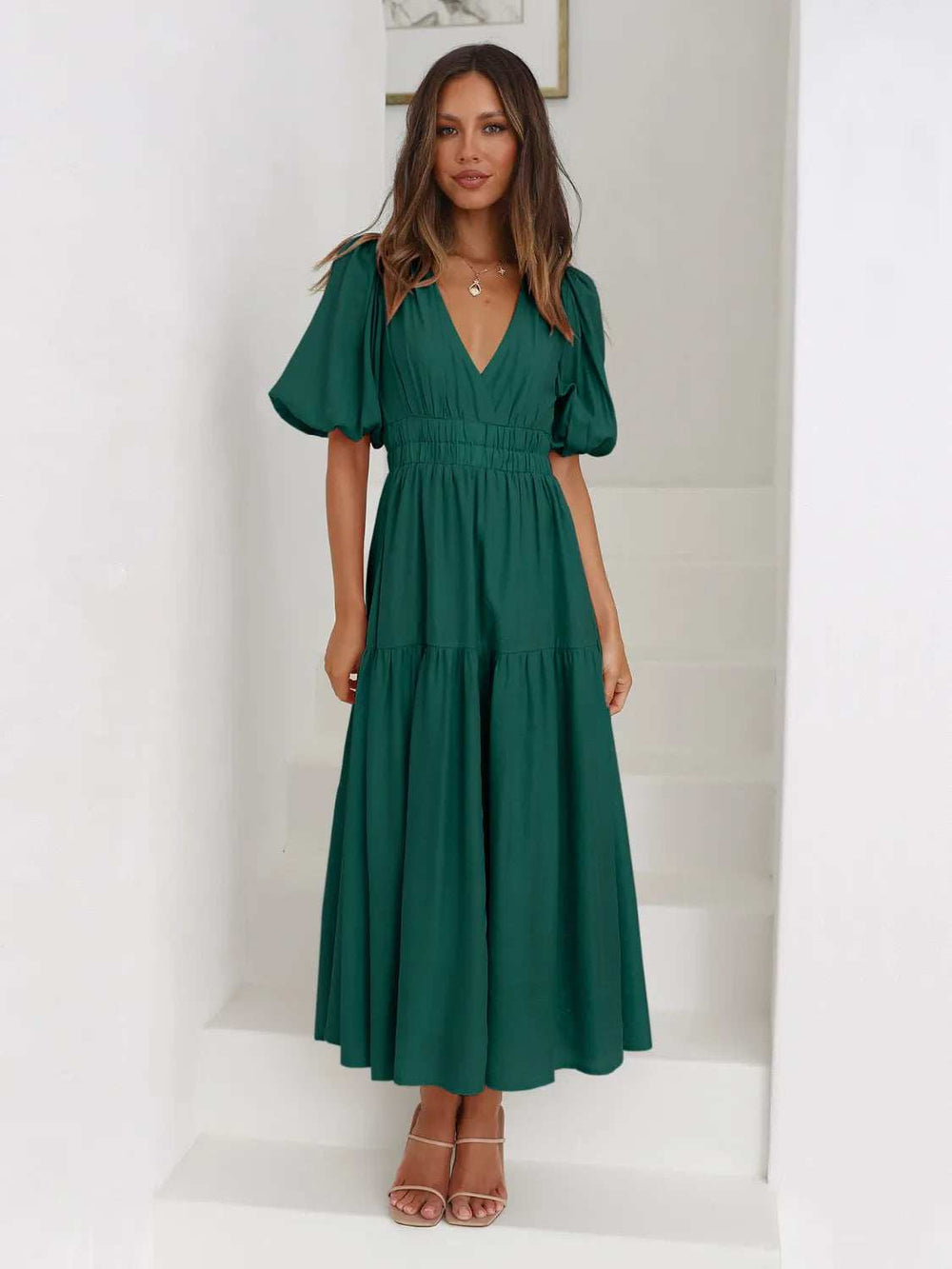 Tiered Surplice Half Sleeve Midi Dress - Trendsi - Flyclothing LLC