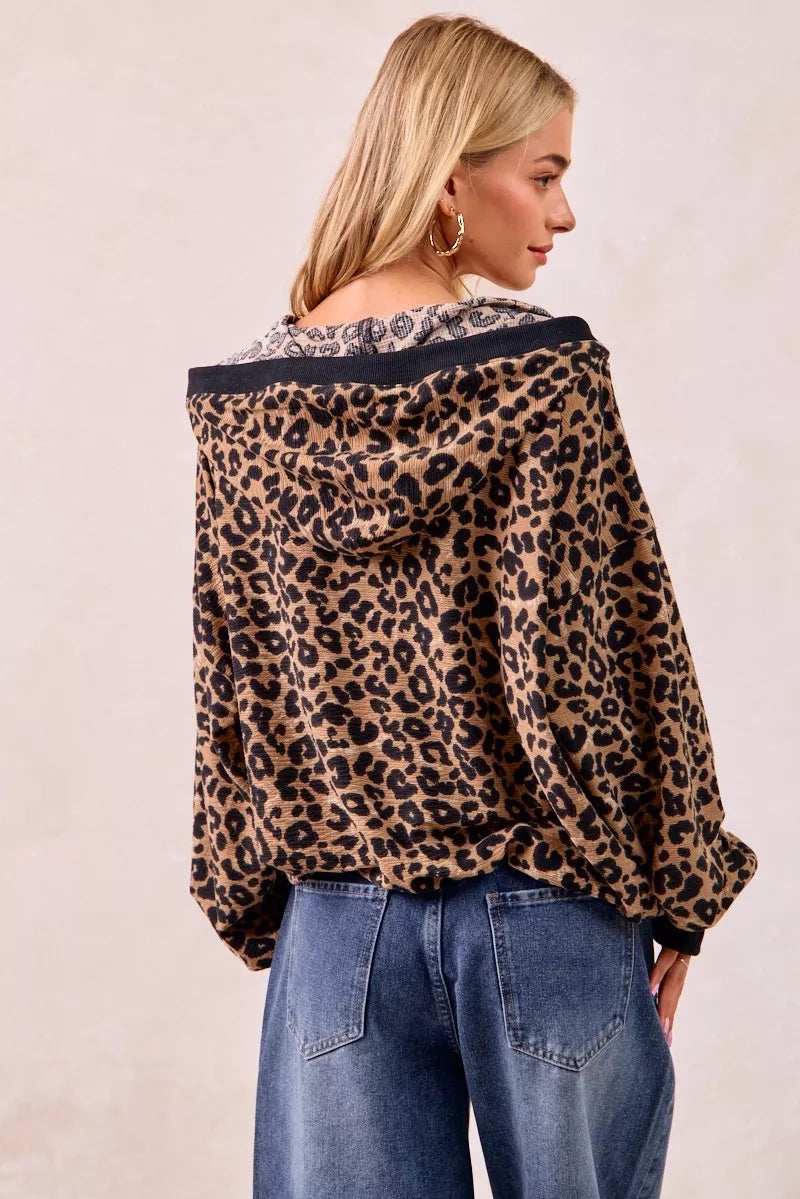 BiBi Leopard Print Waffle Half Zip Up Hoodie W Pocket - Trendsi - Flyclothing LLC