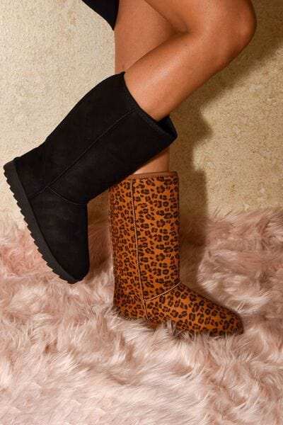 WILD DIVA Leopard Suede Round Toe Boots - Trendsi - Flyclothing LLC