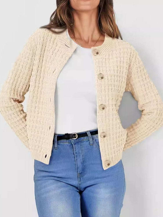 Button Up Round Neck Long Sleeve Cardigan - Trendsi - Flyclothing LLC
