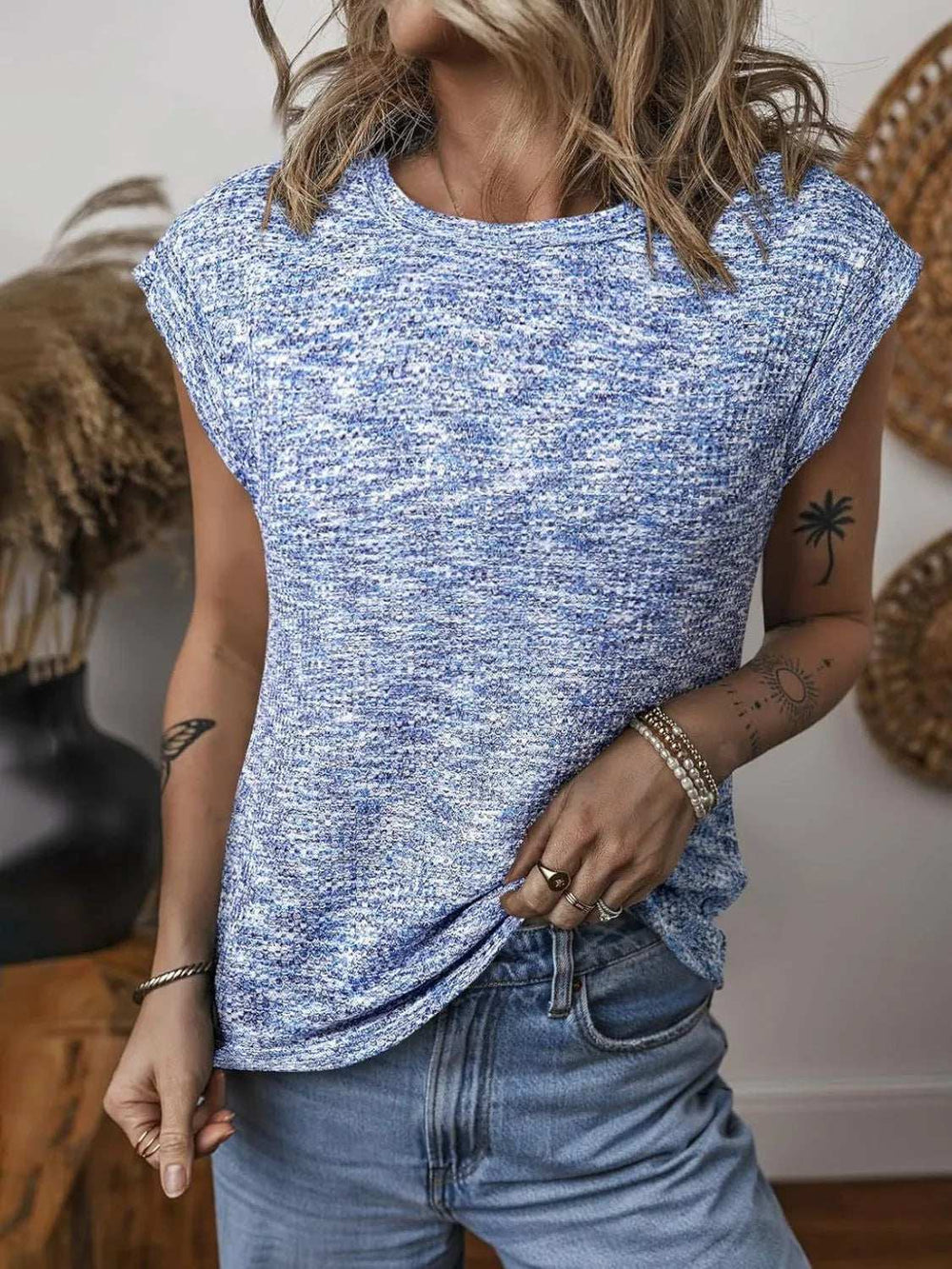 Round Neck Knit Cap Sleeve Top - Trendsi - Flyclothing LLC