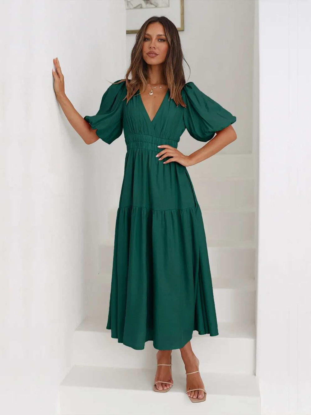 Tiered Surplice Half Sleeve Midi Dress - Trendsi - Flyclothing LLC