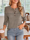 Lovelet Quarter Button Striped Round Neck Long Sleeve T-Shirt - Trendsi - Flyclothing LLC