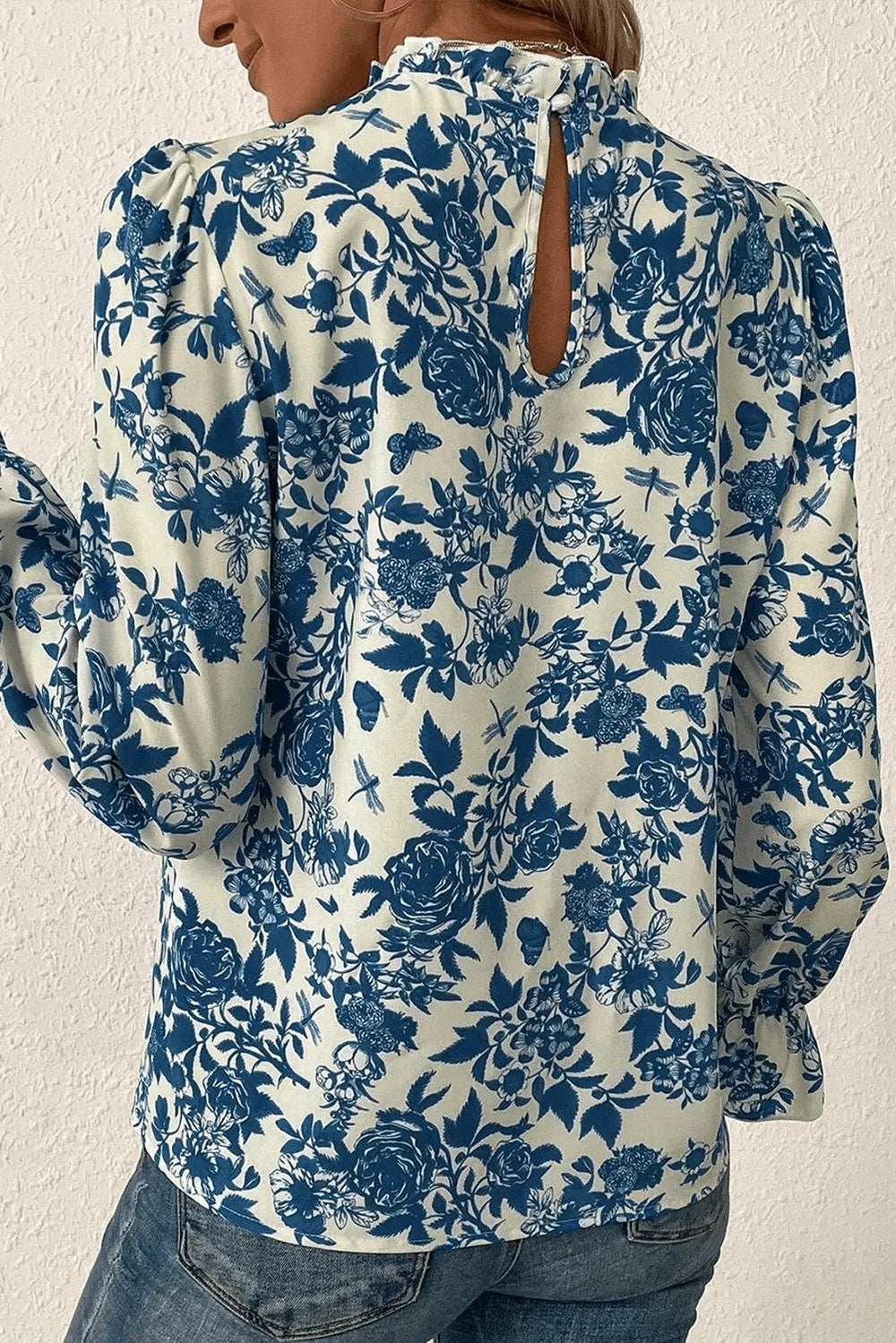 Printed Mock Neck Flounce Sleeve Blouse - Trendsi - Flyclothing LLC