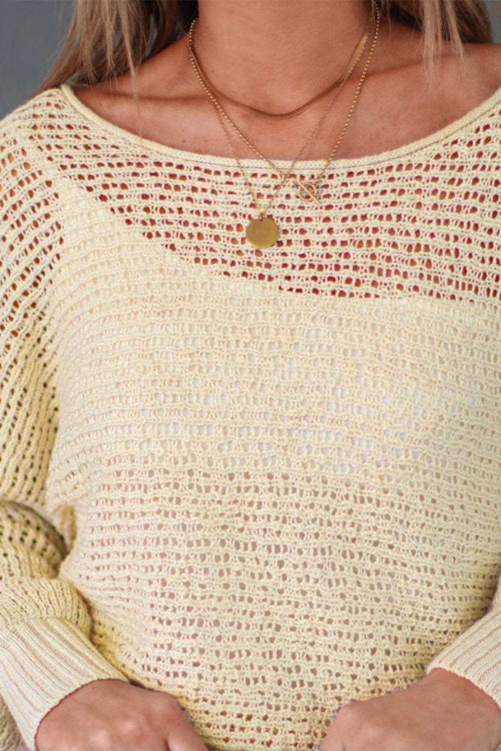 Openwork Boat Neck Raglan Sleeve Knit Top - Trendsi - Flyclothing LLC