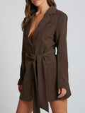 Lapel Collar Tie Waist Blazer - Trendsi - Flyclothing LLC