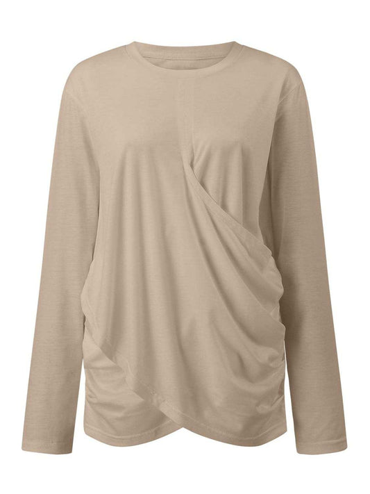 Ruched Round Neck Long Sleeve T-Shirt - Trendsi - Flyclothing LLC