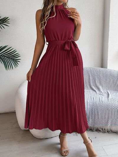 Pleated Tie Waist Sleeveless Midi Dress - Trendsi - Flyclothing LLC