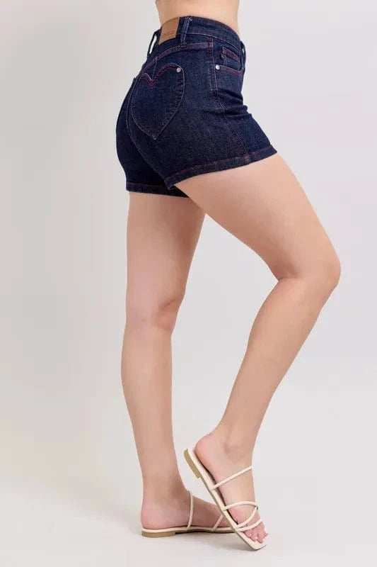Judy Blue Full Size High Waist Heart Shaped Pkts & Red Contrast Thread Denim Shorts Plus Size - Trendsi - Flyclothing LLC