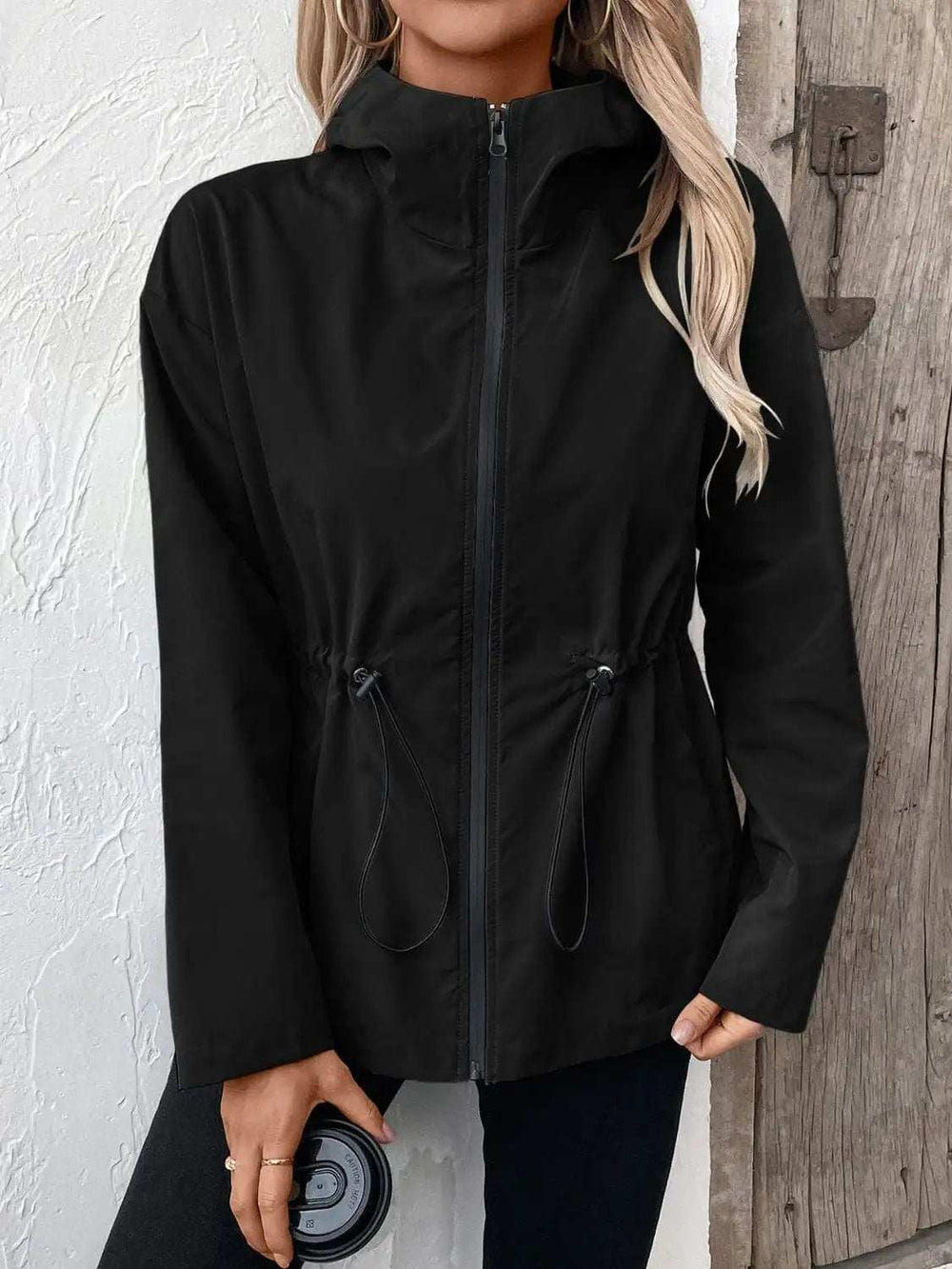 Drawstring Zip Up Hooded Jacket - Trendsi - Flyclothing LLC