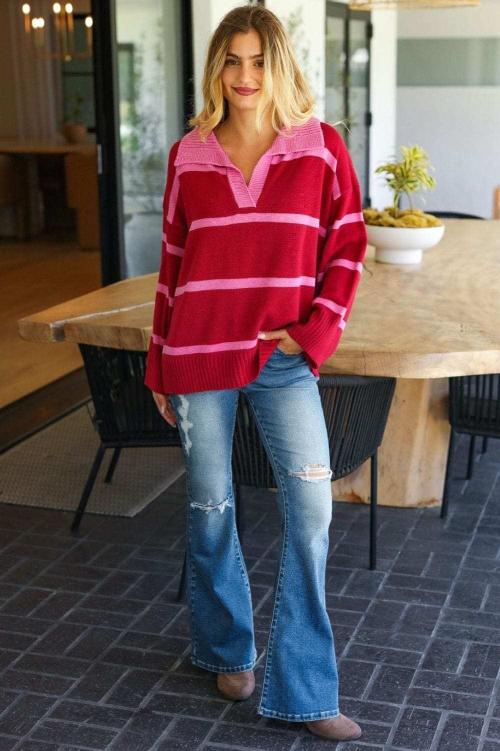Haptics Collared Neck Striped Contrast Sweater - Trendsi - Flyclothing LLC