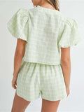 V-Neck Puff Sleeve Top and Shorts Set - Trendsi - Flyclothing LLC