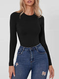 Round Neck Long Sleeve Bodysuit - Trendsi - Flyclothing LLC