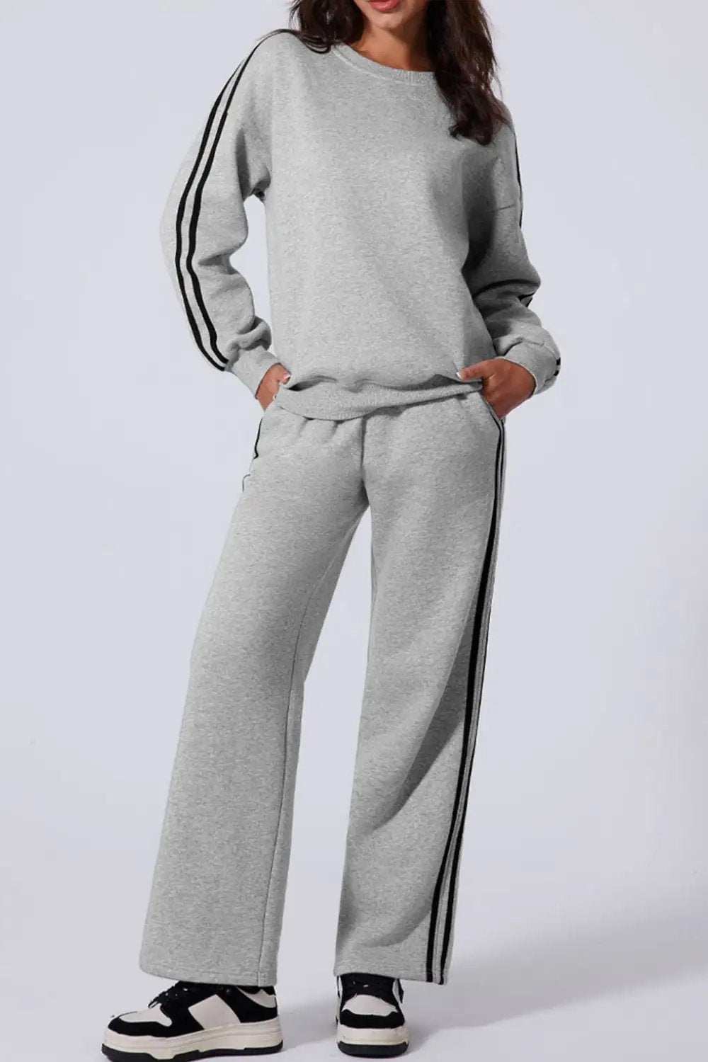 Side Striped Round Neck Top and Pants Active Set - Trendsi - Flyclothing LLC