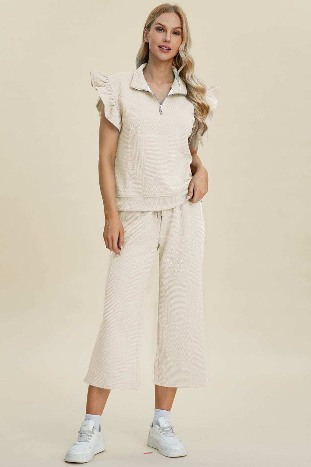 Double Take Full Size Texture Ruffle Short Sleeve Top and Wide Leg Pants Set - Trendsi - Flyclothing LLC