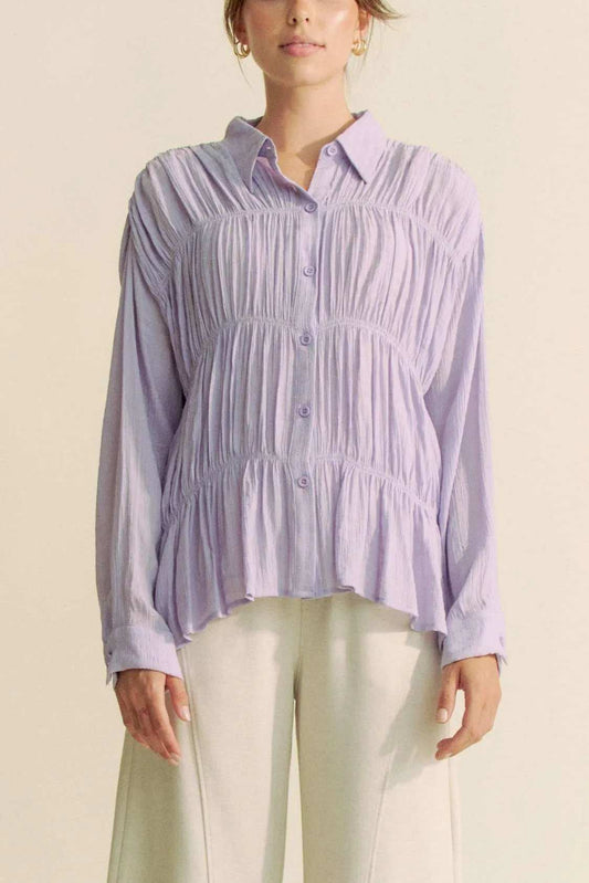 Davi & Dani Ruched All Over Button Front Shirt - Trendsi - Flyclothing LLC