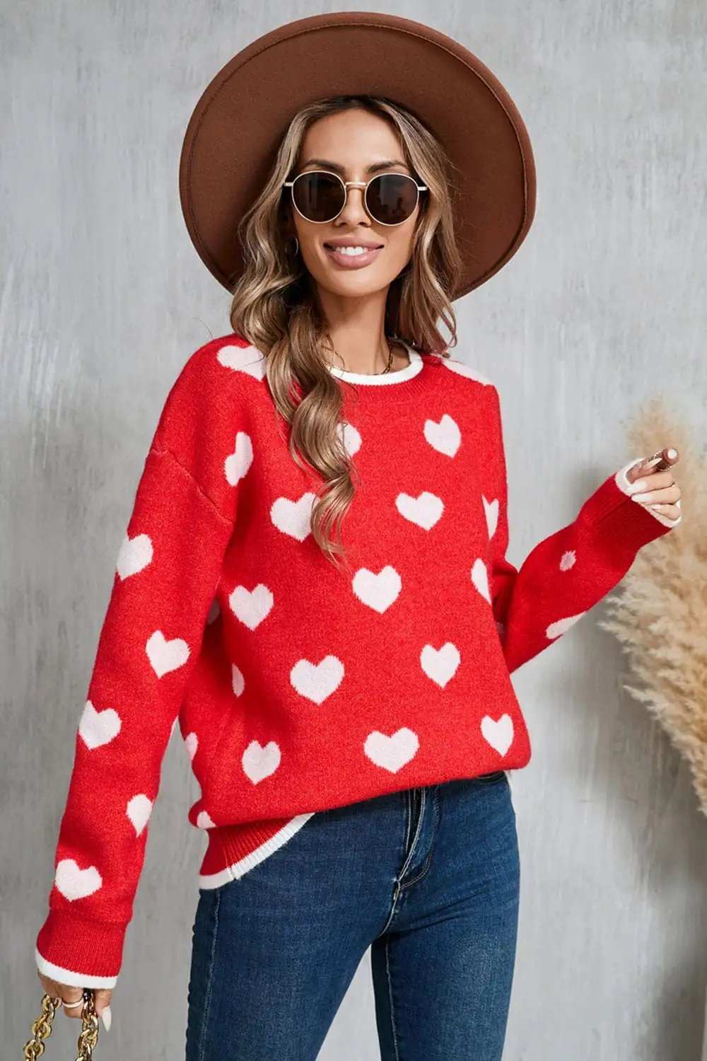 Angel Wings Contrast Trim Heart Round Neck Sweater - Trendsi - Flyclothing LLC