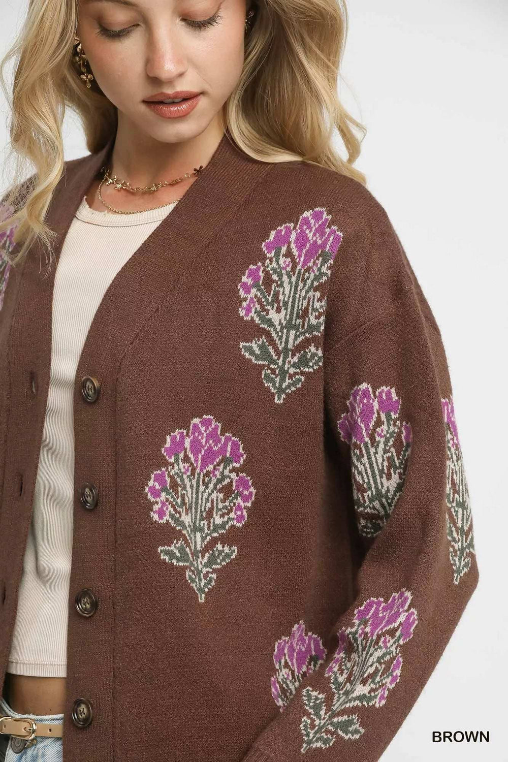 Umgee Single Flower Stem Jacquard Cardigan Sweater - Trendsi - Flyclothing LLC