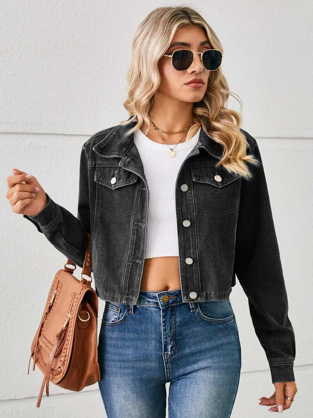 Button Up Long Sleeve Denim Jacket - Trendsi - Flyclothing LLC
