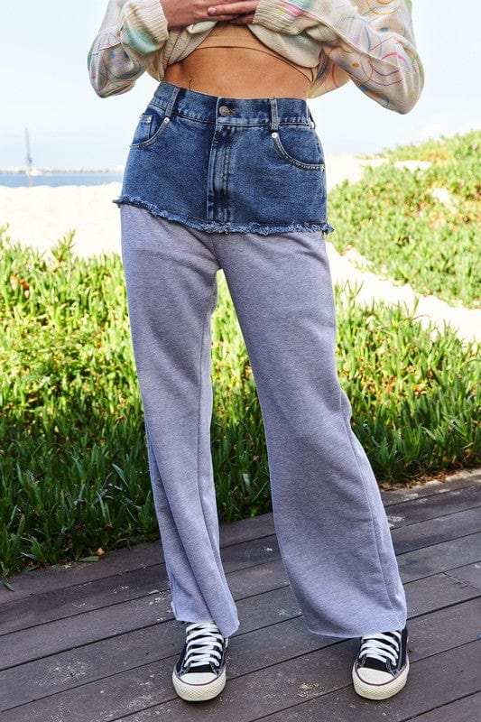 Davi & Dani Raw Hem Denim Patchwork Wide Leg Pants - Trendsi - Flyclothing LLC