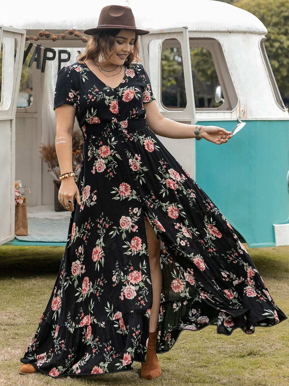 Plus Size Button Detail Printed V-Neck Short Sleeve Maxi Dress - Trendsi - Flyclothing LLC