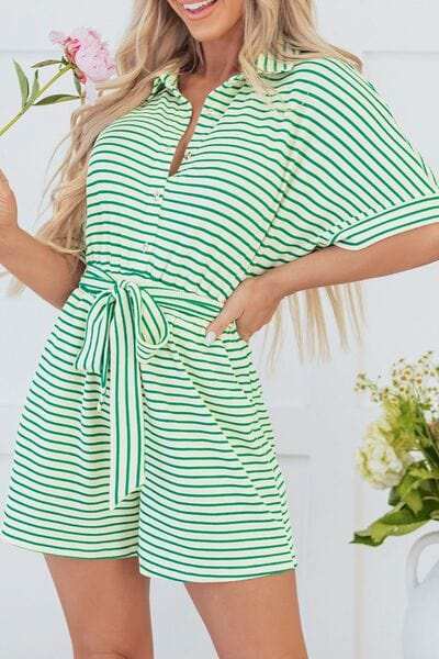 Striped Half Sleeve Tie Waist Romper - Trendsi - Flyclothing LLC