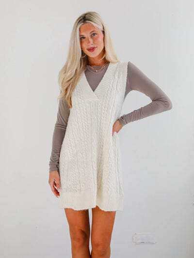 Lovelet Cable Knit V-Neck Mini Sweater Overall Dress - Trendsi - Flyclothing LLC
