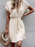 Full Size Tassel V-Neck Short Sleeve Dress Plus Size - Trendsi - Flyclothing LLC