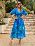 Smocked Printed V-Neck Half Sleeve Midi Dress - Trendsi - Flyclothing LLC