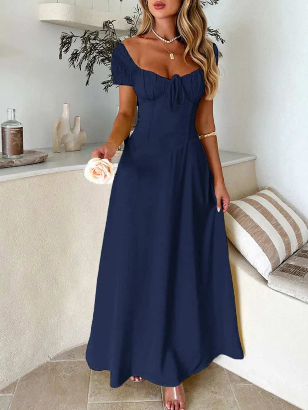 Devine Sweetheart Neck Short Sleeve Maxi Dress - Trendsi - Flyclothing LLC