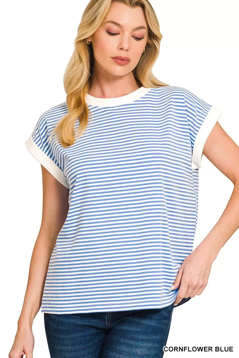 Zenana Striped Round Neck Short Sleeve Contrast Trim T-Shirt - Trendsi - Flyclothing LLC