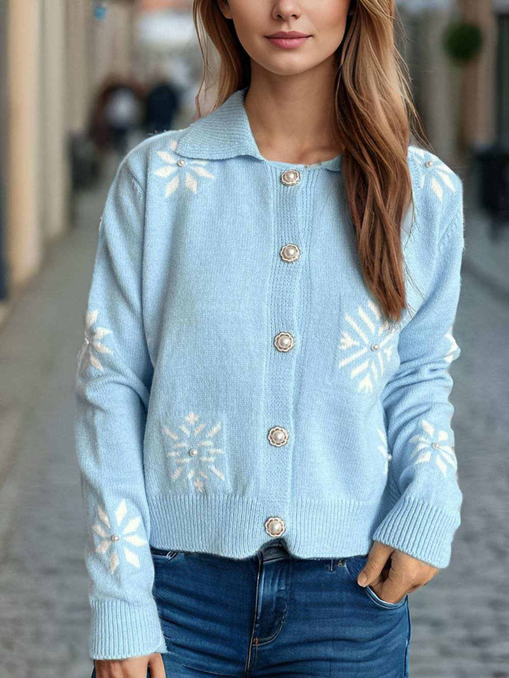 Pearl Trim Collared Neck Long Sleeve Cardigan - Trendsi - Flyclothing LLC