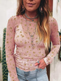 Floral Print Long Sleeve Mesh Blouse - Trendsi - Flyclothing LLC