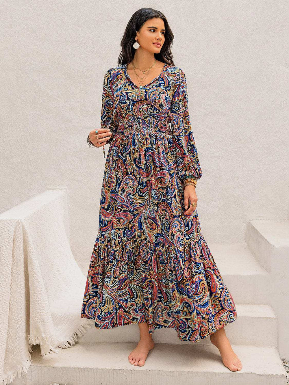 Printed Tie Neck Long Sleeve Midi Dress - Trendsi - Flyclothing LLC