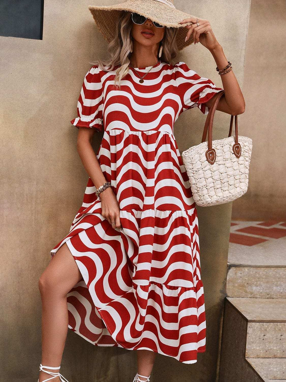 Wavy Striped Round Neck Short Sleeve Dress - Trendsi - Flyclothing LLC